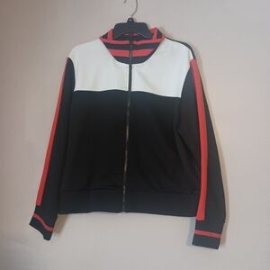 Chic Black and White Zip-Up track Jacket with Red Accents